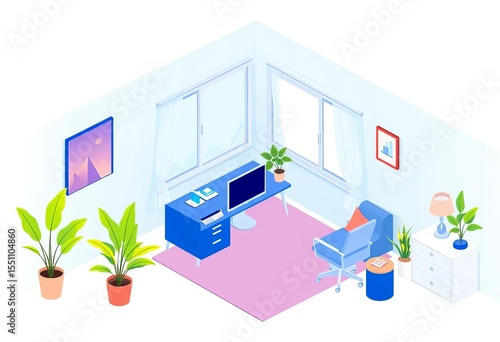 Blue isometric home office, flat design, isolated on white background, linear style vector illustration,  remote work,  stylish