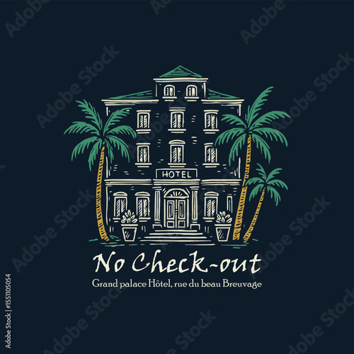 Hand sketch beach hotel graphics. Eco resort vintage t-shirt print design for vector graphic. summer beach artwork one color screen print design.