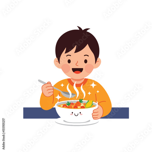 Happy Boy Enjoying a Delicious Bowl of Soup Cartoon Illustration