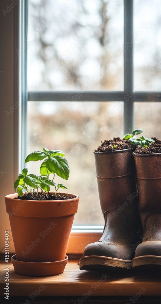 Potted basil plant beside gardening boots on windowsill Potted basil plant beside gardening boots on windowsill