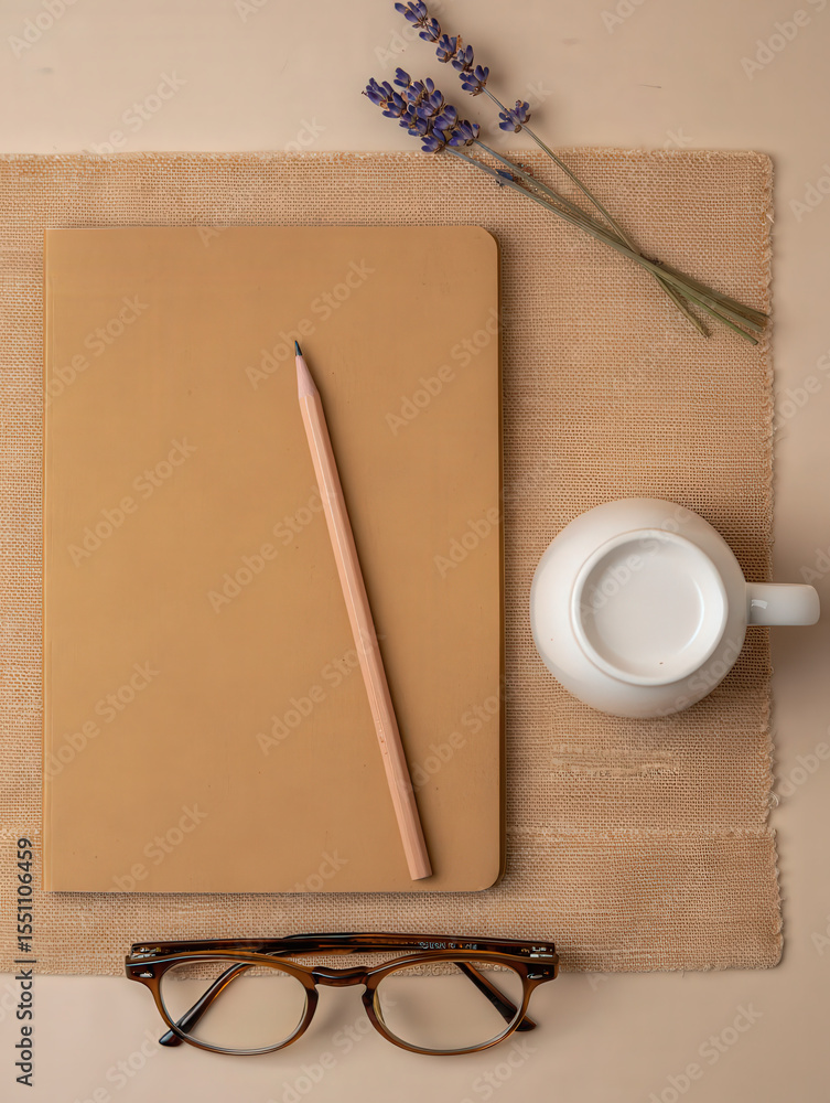 Overhead shot of a notebook with pencil, lavender, glasses, and mug on a woven mat on a beige surface Overhead shot of a notebook with pencil, lavender, glasses, and mug on a woven mat on a beige surface