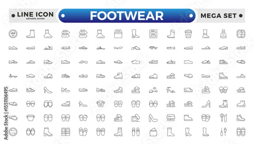 Footwear Outline Icon Set – Sneaker, Running Shoes, Casual and Athletic Styles. Editable stroke outline icon. 
