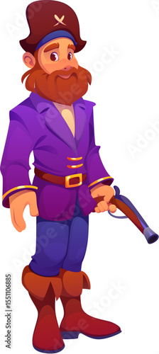 Cartoon medieval pirate and corsair character with bushy beard holding a pistol gun. Vector comic sea rover personage wearing a tricorn hat, long coat, and boots. Bright and funny swashbuckler