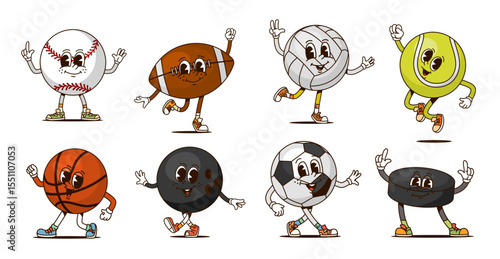 Cartoon groovy sport ball characters. Vector retro psychedelic balls and puck personages of soccer, basketball and tennis. Groovy football, rugby, volleyball, bowling and ice hockey sport items