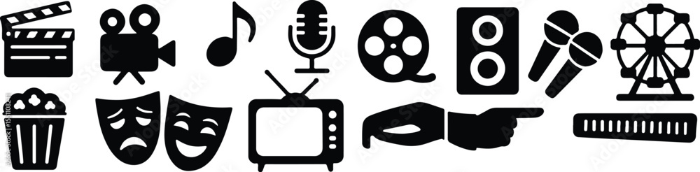 Black Vector Silhouettes of Entertainment Icons on White Background – Cinema, Music, Theater, and Fun Symbols Collection Black Vector Silhouettes of Entertainment Icons on White Background – Cinema, Music, Theater, and Fun Symbols Collection