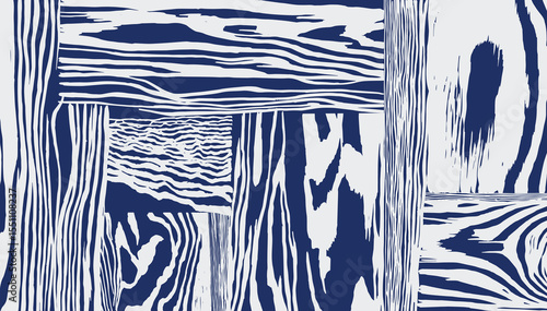 Hand drawn distorted brush lines abstract wood grain pattern white and blue, patchwork wavy lines monochromatic wood veneer background, naturalistic graphic for textile, decoration, carpet