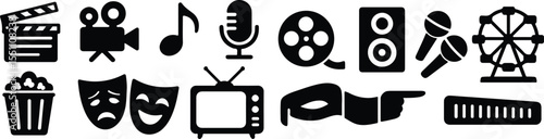 Black Vector Silhouettes of Entertainment Icons on White Background – Cinema, Music, Theater, and Fun Symbols Collection
