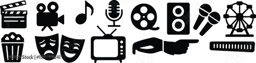 Black Vector Silhouettes of Entertainment Icons on White Background – Cinema, Music, Theater, and Fun Symbols Collection