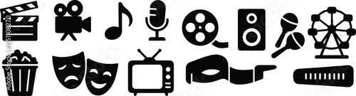 Black Vector Silhouettes of Entertainment Icons on White Background – Cinema, Music, Theater, and Fun Symbols Collection