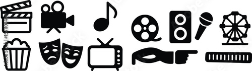 Black Vector Silhouettes of Entertainment Icons on White Background – Cinema, Music, Theater, and Fun Symbols Collection