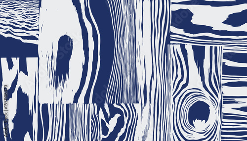 Hand drawn distorted brush lines abstract wood grain pattern white and blue, collage wavy lines monochromatic wood veneer background, naturalistic graphic for textile, decoration, carpet