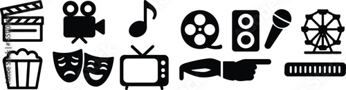 Black Vector Silhouettes of Entertainment Icons on White Background – Cinema, Music, Theater, and Fun Symbols Collection