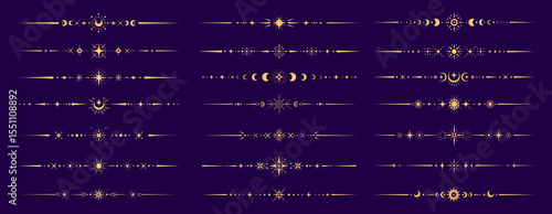 Mystic esoteric celestial divider borders with moon phase, starburst and sun line ornament. Vector magic, astrology, witchcraft space spiritual frames set with gold moon cycles and witchy symbols
