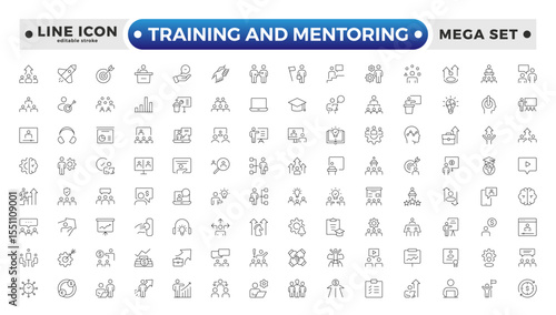 Training and Mentoring Outline icon collection set. Containing development, learning, workshop, coach, mentor, curriculum, seminar icon. Editable stroke outline icon. 
