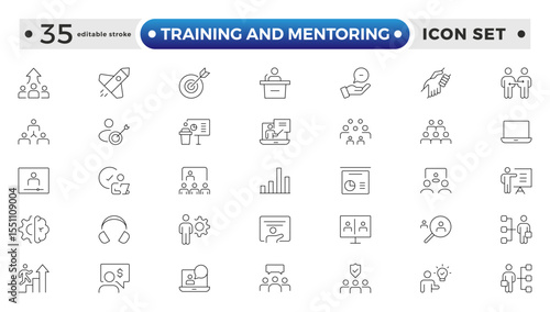 Training and Mentoring Outline icon collection set. Containing development, learning, workshop, coach, mentor, curriculum, seminar icon. Editable stroke outline icon. 
