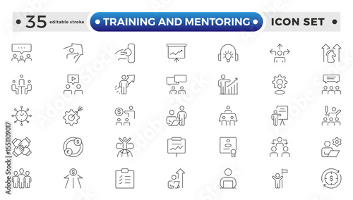 Training and Mentoring Outline icon collection set. Containing development, learning, workshop, coach, mentor, curriculum, seminar icon. Editable stroke outline icon. 
