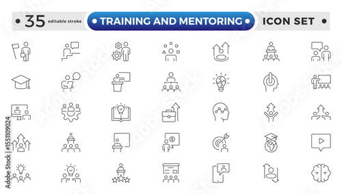 Training and Mentoring Outline icon collection set. Containing development, learning, workshop, coach, mentor, curriculum, seminar icon. Editable stroke outline icon. 
