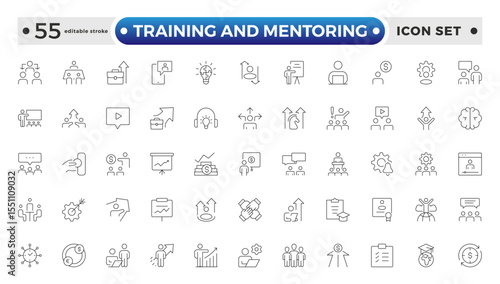 Training and Mentoring Outline icon collection set. Containing development, learning, workshop, coach, mentor, curriculum, seminar icon. Editable stroke outline icon. 
