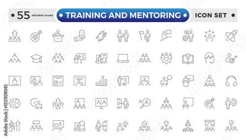 Training and Mentoring Outline icon collection set. Containing development, learning, workshop, coach, mentor, curriculum, seminar icon. Editable stroke outline icon. 
