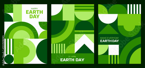 Earth day posters with abstract geometric pattern. Vector vertical environmental cards for April 22 celebration. Environment and ecology awareness with modern modular mosaic shapes in green and white