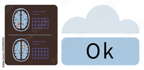 Brain scan images displayed with annotation grids beside a cloud graphic featuring an Ok message. Ideal for technology, healthcare, neuroscience, medical diagnostics, data storage, cloud computing