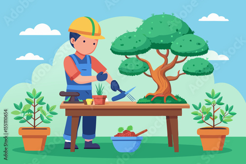 A Gardener Cultivating a Bonsai Tree Outdoors in a Serene Garden Setting