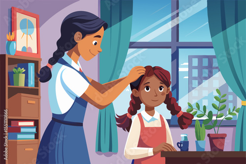 Charming sisters bonding moment at home near a window with cityscape view featuring a girl helping her sibling with her hair