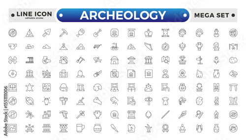 Archeology Outline icon set. Historical line icon. Contain linear symbols exhibition, antiquity, art, old, archaeologic, heritage and more. Antiques modern icon. Editable stroke outline icon. 

