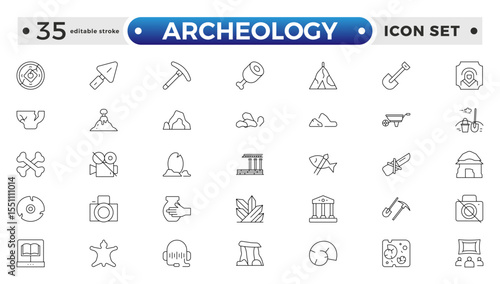 Archeology Outline icon set. Historical line icon. Contain linear symbols exhibition, antiquity, art, old, archaeologic, heritage and more. Antiques modern icon. Editable stroke outline icon. 
