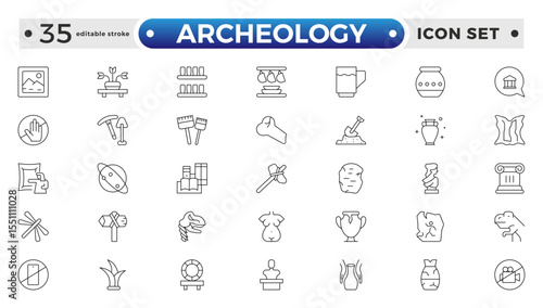 Archeology Outline icon set. Historical line icon. Contain linear symbols exhibition, antiquity, art, old, archaeologic, heritage and more. Antiques modern icon. Editable stroke outline icon. 
