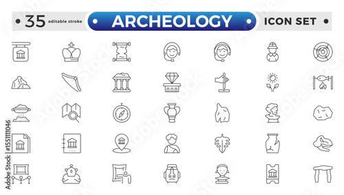 Archeology Outline icon set. Historical line icon. Contain linear symbols exhibition, antiquity, art, old, archaeologic, heritage and more. Antiques modern icon. Editable stroke outline icon. 
