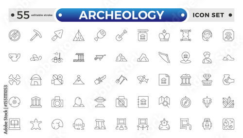 Archeology Outline icon set. Historical line icon. Contain linear symbols exhibition, antiquity, art, old, archaeologic, heritage and more. Antiques modern icon. Editable stroke outline icon. 
