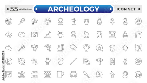 Archeology Outline icon set. Historical line icon. Contain linear symbols exhibition, antiquity, art, old, archaeologic, heritage and more. Antiques modern icon. Editable stroke outline icon. 
