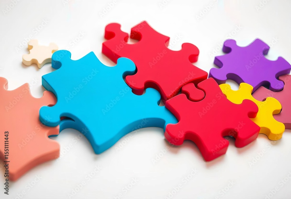 Colorful puzzle pieces interlock, symbolizing innovative problem-solving, ingenuity, completion Colorful puzzle pieces interlock, symbolizing innovative problem-solving, ingenuity, completion
