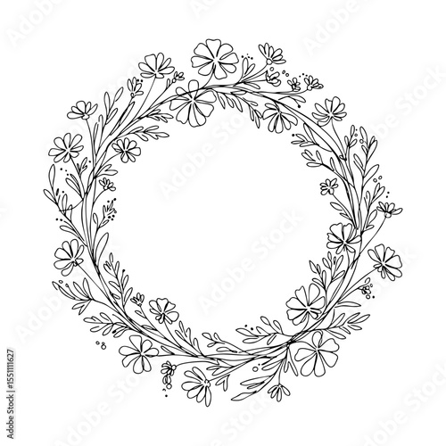 Vector line art of circular floral wreath made of delicate wildflowers and leaves, hand drawn botanical illustration