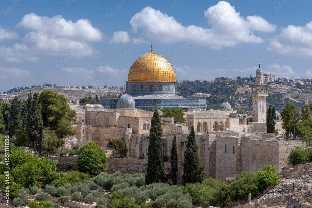 Fototapeta premium The Dome of the Rock stands prominently amidst Jerusalems architectural landscape under a partly cloudy sky