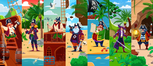 Cartoon funny pirate or corsair sailor characters collage with maritime scenes. Vector fantasy rovers and captains engaged in treasure hunt on tropical island, capturing spirit of fun nautical tales