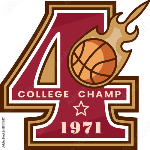 Varsity sport patch with number font and basketball ball for university team, vector emblem. College league and varsity sport patch with number 4 Four for basketball players club or championship