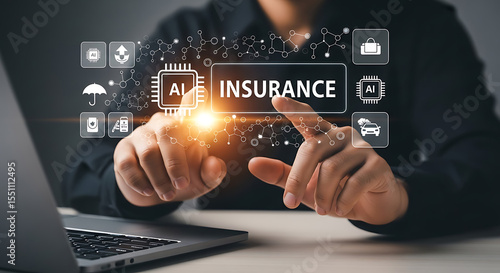 Businessperson interacting with ai insurance technology on a laptop for financial protection