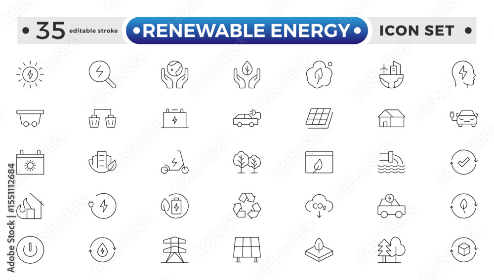 Renewable energy Outline icon set. Energy, efficiency, solar energy, green, sunlight, wind, and water outline icon collection. UI thin outline icon pack. Editable stroke outline icon.
Renewable energy Outline icon set. Energy, efficiency, solar energy, green, sunlight, wind, and water outline icon collection. UI thin outline icon pack. Editable stroke outline icon.