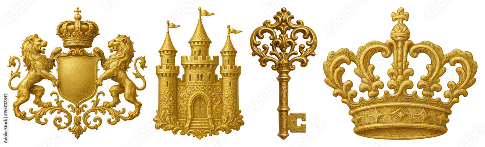 Fototapeta premium PNG Royalty symbols in gold design, element set on transparent background