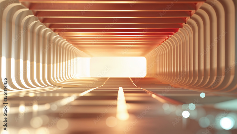 Fototapeta premium Architectural perspective render depicting interior of a futuristic corridor with curved structures and bright light