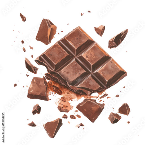 Explosive chocolate bar break kitchen watercolor art transparent background close-up sweet delight