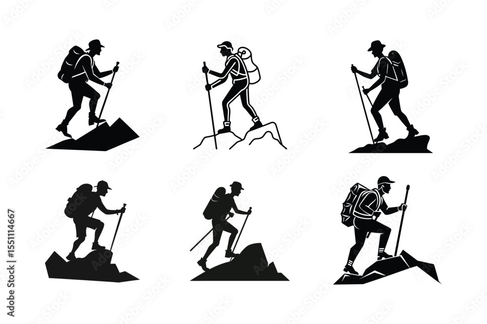 Fototapeta premium Climber Silhouettes Vector Set, Hiking vector art isolated on white background