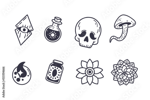 Goblincore Aesthetic Icon Set. Hand Drawn Clipart Featuring Skulls, Mushrooms, Potions, Flowers, and Magical Elements on White Background