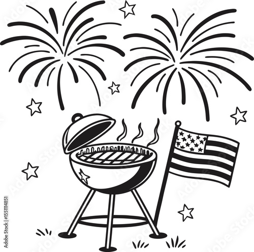 Here's a single sentence for naming an image depicting a barbecue on the beach:

Cartoon vector illustration of a hot BBQ grill with food and drink icons on a beach