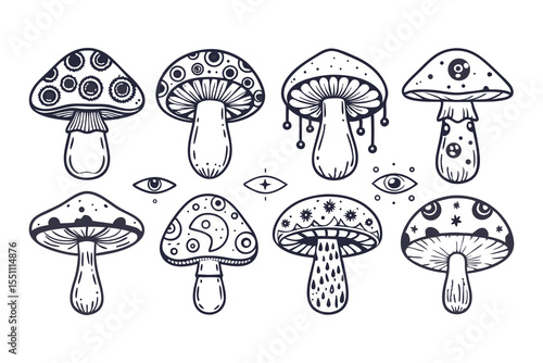Goblincore Magic Mushroom Clipart. Hand Drawn Mystical Toadstools with Eyes, Stars, and Flowers in Boho Style Clipart Vector Illustration