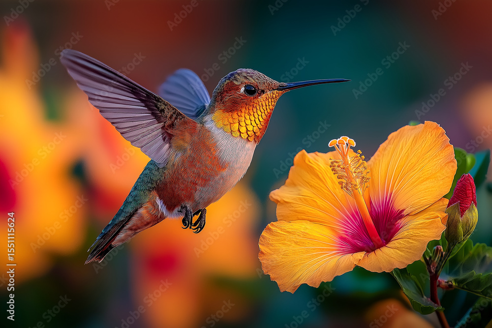 Fototapeta premium Hummingbird hovers near vibrant yellow hibiscus, showcasing nature's beauty in perfect harmony. Colorful avian acrobatics in full display.