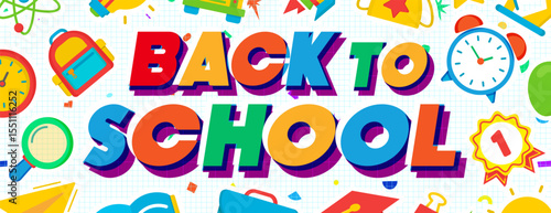 School banner trendy typography school supplies background cartoon style for poster, post social media. Vector 10 eps