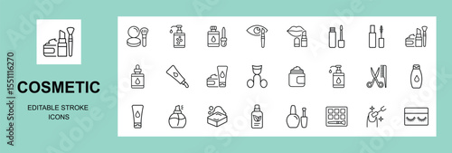 Cosmetic outline icon set. cosmetic, beauty, makeup, deodorant, lotion, vector illustration. Editable stroke.